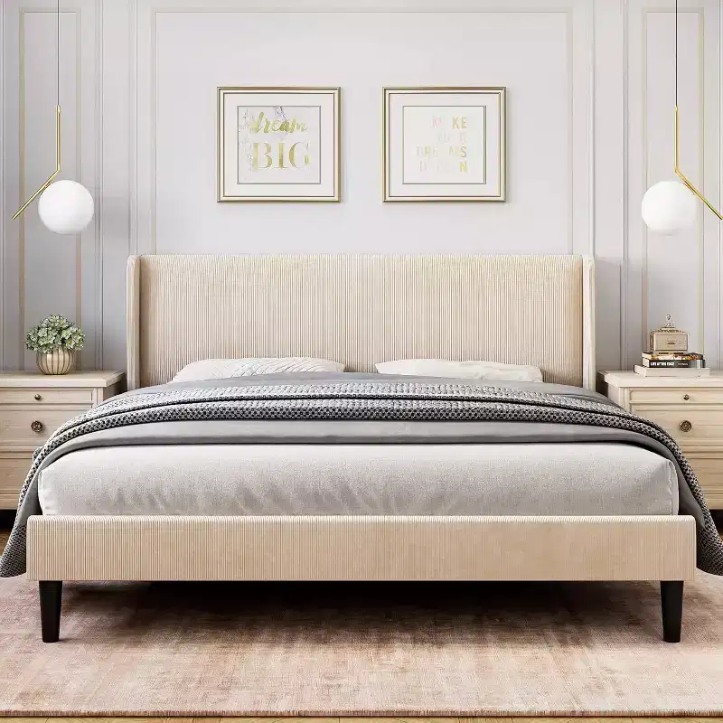 Bed Frame with Headboard and Wingback, Beige Velvet with Vertical Stripes, 2 Storage Pockets, and Sturdy Wood Slat Support