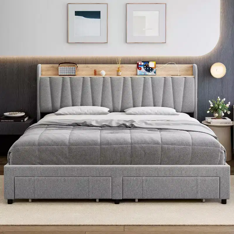 Upholstered Bed Frame King Size , Platform Bed with Storage Headboard, Drawer Storage, Heavy Duty, No Box Spring Required, Easy to Assemble, Gray