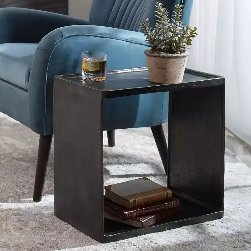 Industrial Antique Nickel Accent Side End Table with Open Storage