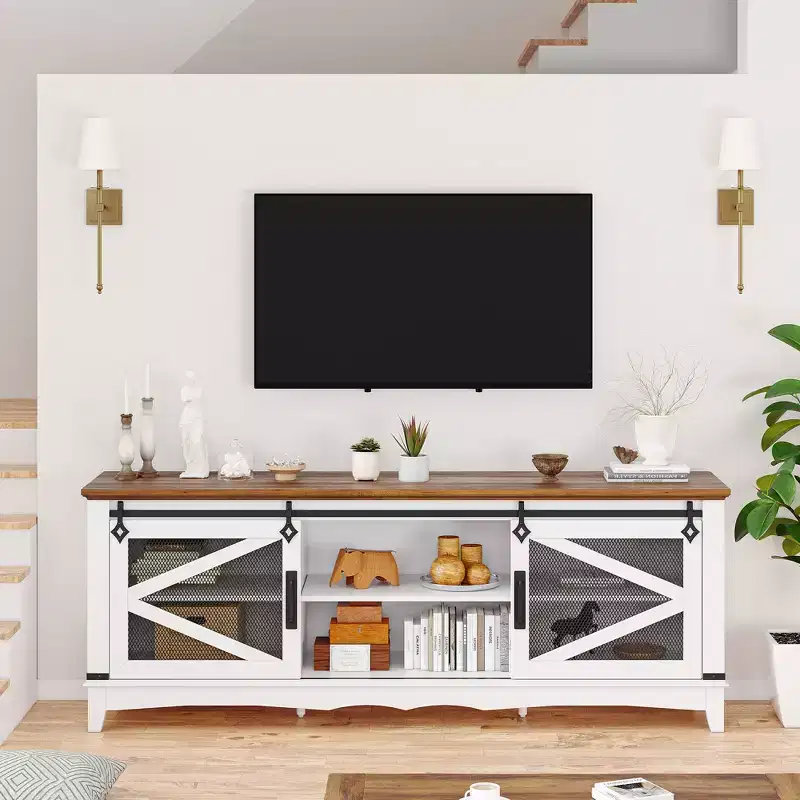 Farmhouse TV Stand for 65/70/75 Inch TV, 65 inch Entertainment Center Storage Cabinets with Sliding Barn Doors, Media Console Cabinet for Living Room