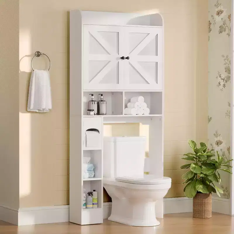 70 Over The Toilet Storage Cabinet with Barn Doors, Tall Bathroom Rack with Toilet Paper Holder, for Restroom, Laundry, White