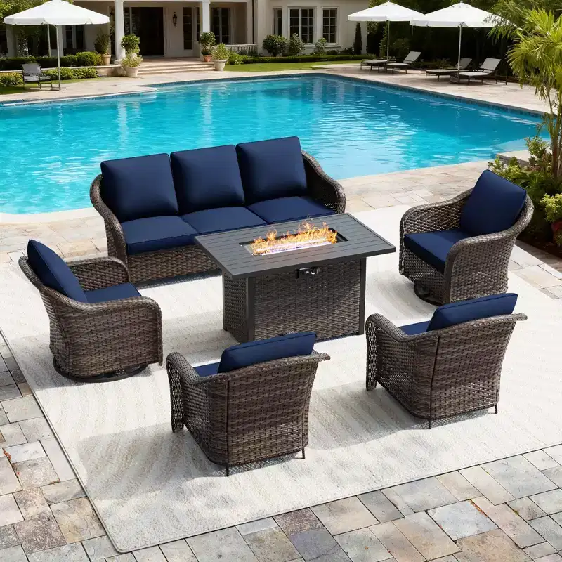 UPTIOT 6-Piece Outdoor Set with 3-Seat Sofa, 2 Swivel Chairs, 2 Single Chairs & 50,000 BTU Grey Fire Table