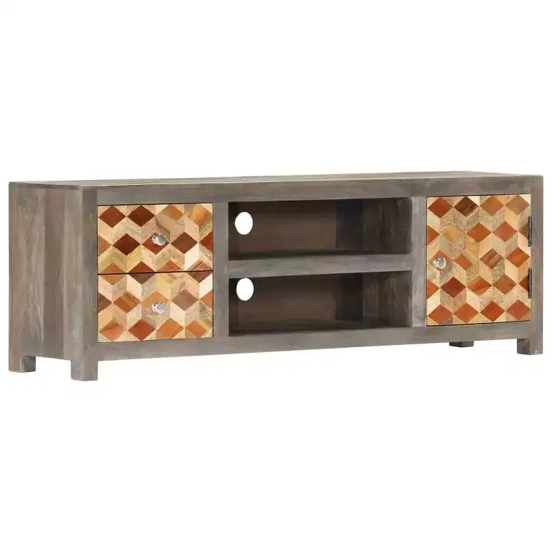vidaXL Solid Mango Wood TV Stand/Media Cabinet with Two Drawers and One Door, Mid-Century Design, Gray and Brown, 47.2x11.8x15.7