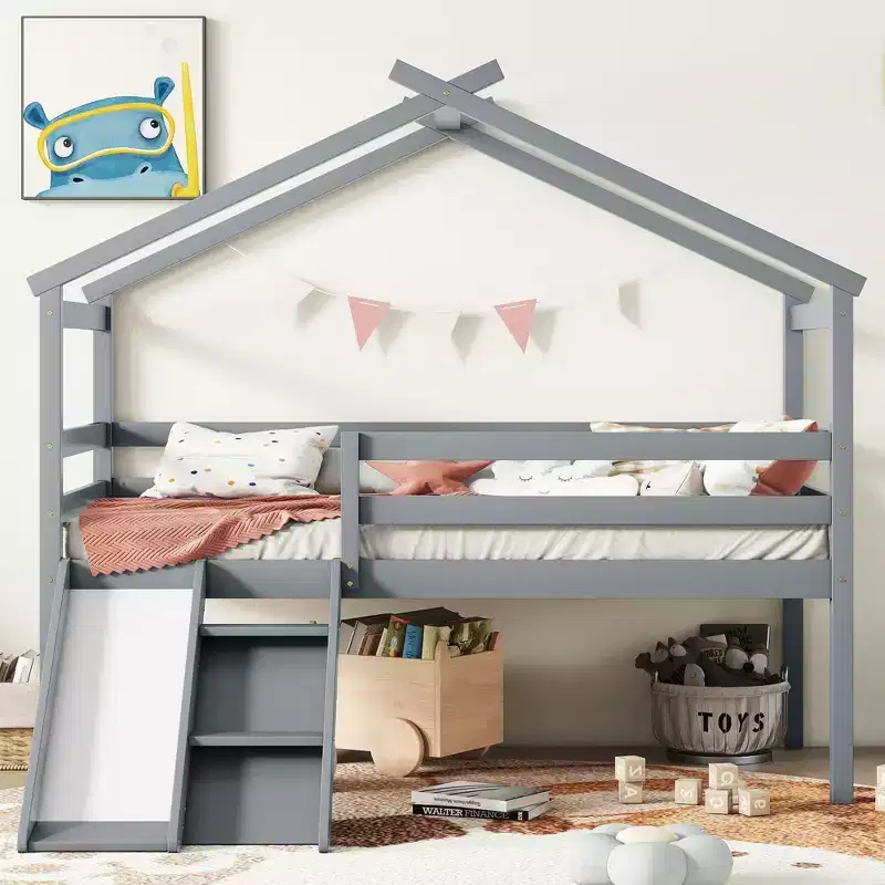 Twin Low Loft House Bed with Slide, Ladder, Safety Guardrails, House Roof Frame — 81.7