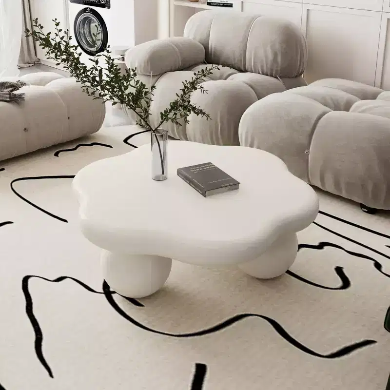 JVNOXK 35-inch petal-shaped modern minimalist coffee table with spherical legs, space-saving living room table ideal for small apartments, cream white