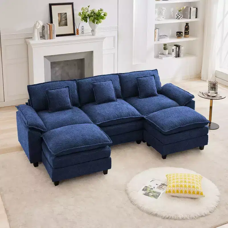 105.9 in. Chenille Fabric 5 seat Sectional Sofa with 2 Ottomans in Dark Blue