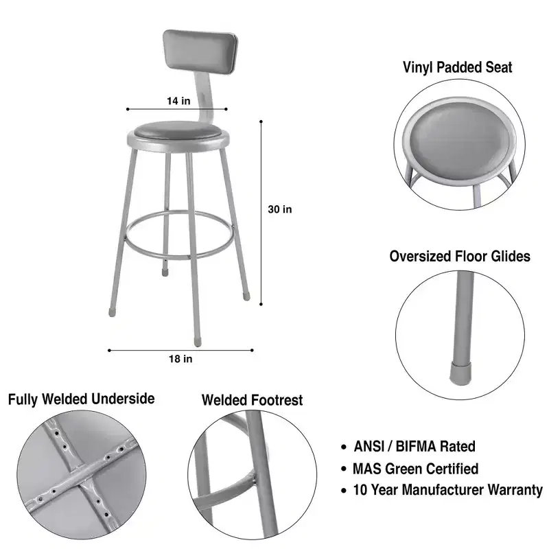 Hampden Furnishings 2pk 30" Otto Collection Stool with Backrest Gray: Upholstered Vinyl, Steel Frame, 300 lbs Capacity
