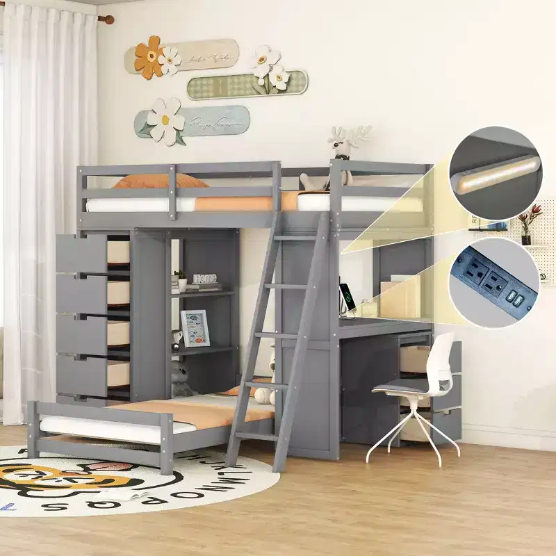 Twin over Twin Separable Bunk Beds with Desk and Drawers, Wood L-Shape Bunk Bed Frame with USB Ports and LED Ligh for Kids Teens