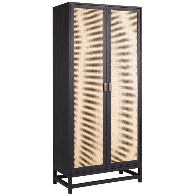 Boho Exotic Wood & Rattan Cabinet with Two-Tone Antique Black Frame for Living Room or Bedroom