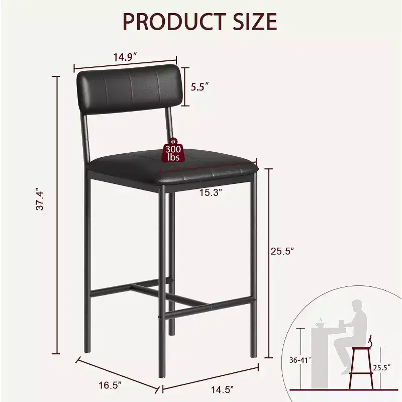 Set of 2 Counter Height Bar Stools with Footrest & Back - PU Leather Kitchen Barstools for Island, Counter, Apartment - Classic Black