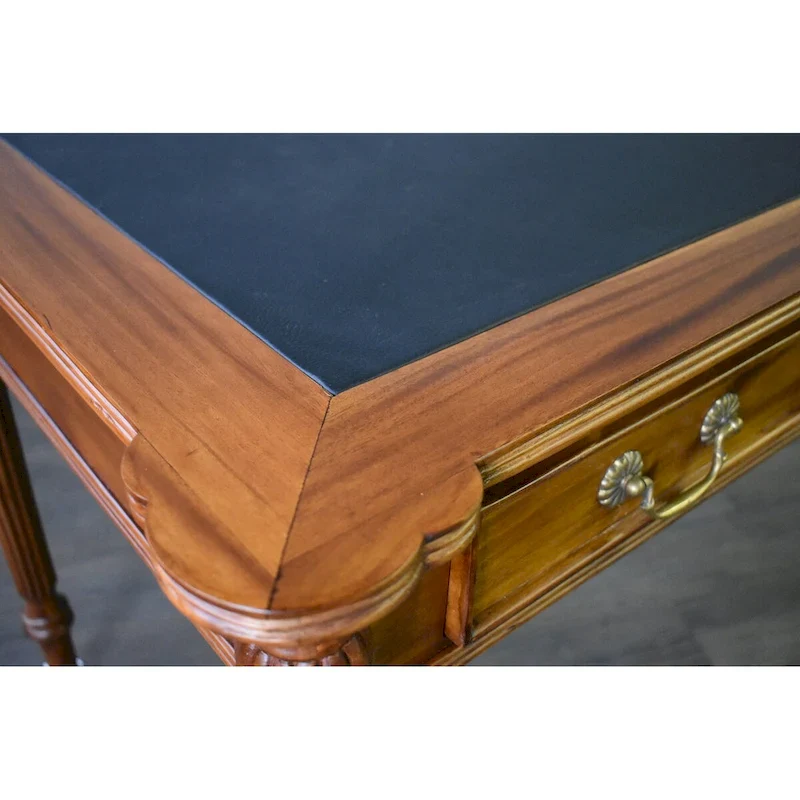 Dark Brown / Light Brown Victorian-Style Solid Mahogany Desk with Black Leather Top and 3 Drawers – Single Unit