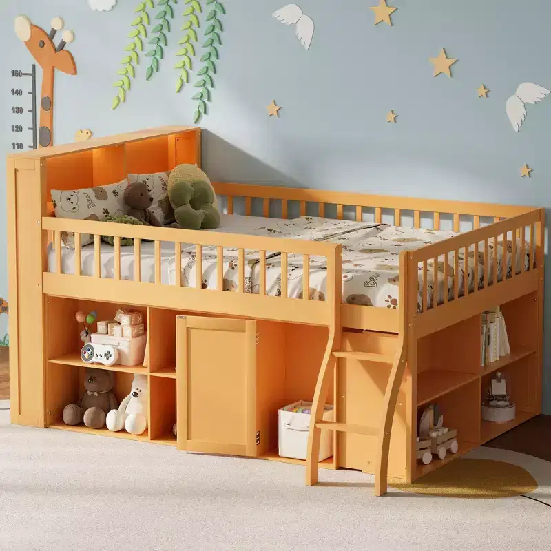 Full Size Loft Bed Frame with Storage, Built-in Headboard, Space-Saving Design