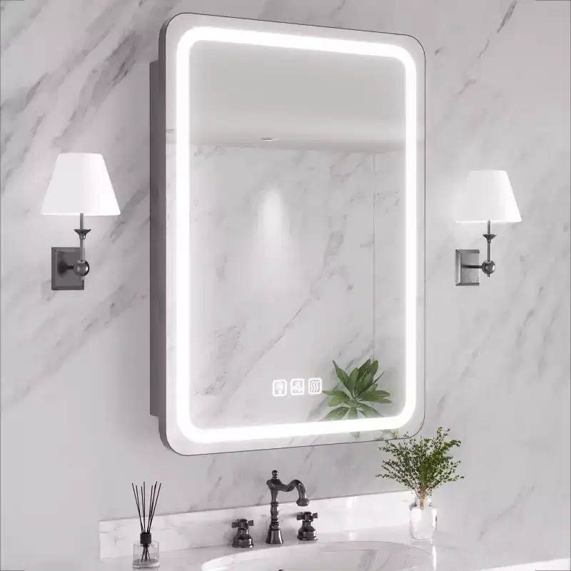 20 in. W x 28 in. H Rectangular Iron Medicine Cabinet with Mirror, Dimmable Light, Anti-Fog and Outlets - Fully Assembled