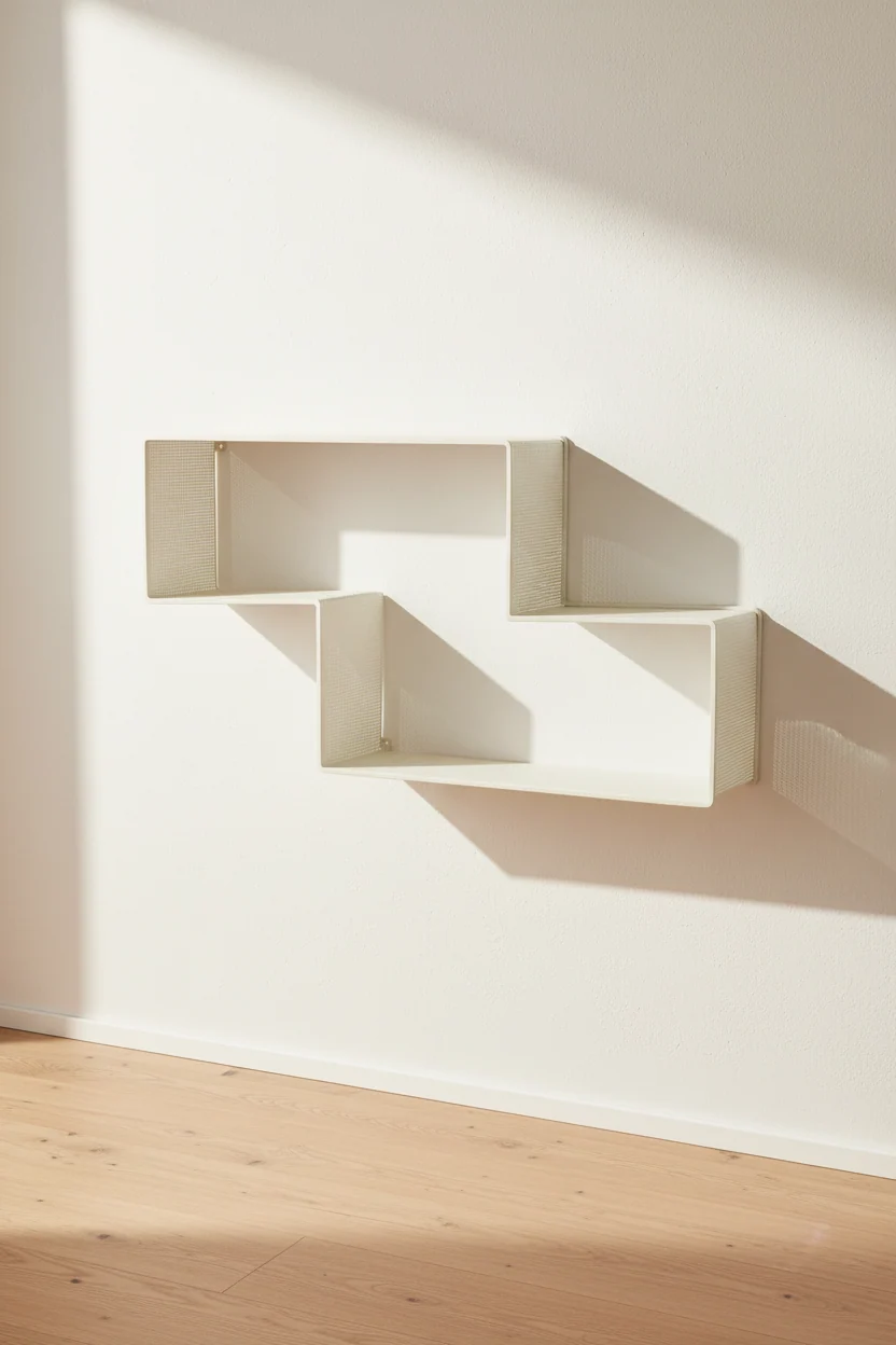 Mid-Century Cream White Metal Wall Shelf with Geometric Step Shape for Living Room or Study