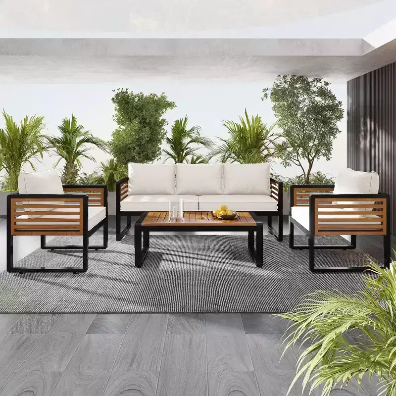GDFStudio Vera Patio Modern Metal and Acacia Wood 4-Piece Conversation Sofa Set with Coffee Table and Cushions