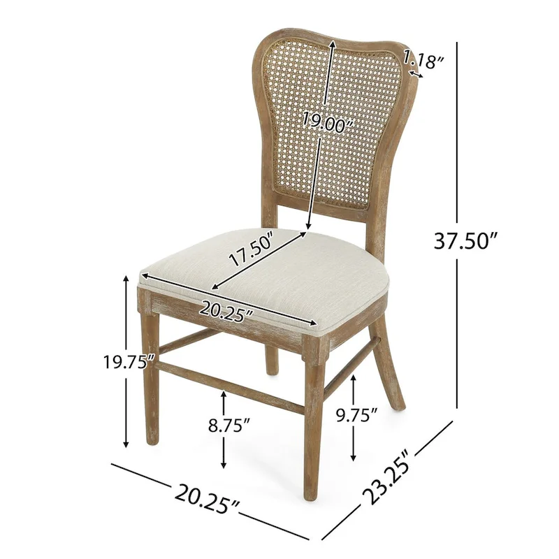 Farmhouse-style rubberwood dining chairs with rattan backrests (two chairs per set).