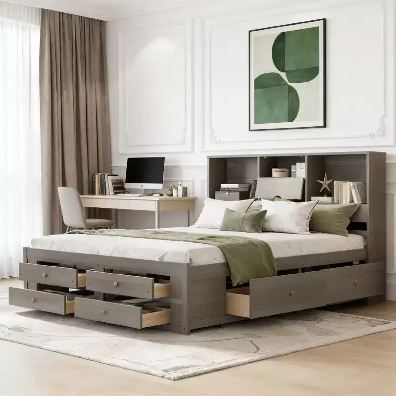 Luxystar Wood Platform Bed with Storage Headboard and 8 Drawers