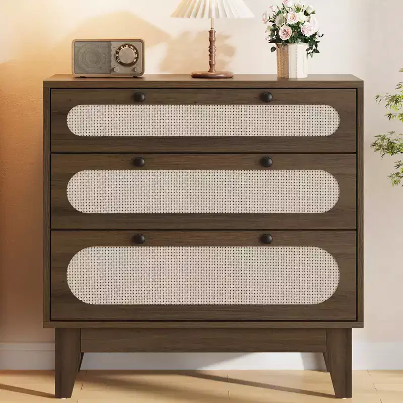 3-Drawer Wood Dresser, Rattan Nightstand Bedside Table for Bedroom, Living Room, Entryway