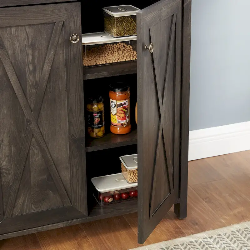 Coffee Bar Cabinet with Microwave Stand Metal Frame Side Home Source Bar Cabinet Cabinet and Hollow out Barn Design Wood Cabinet