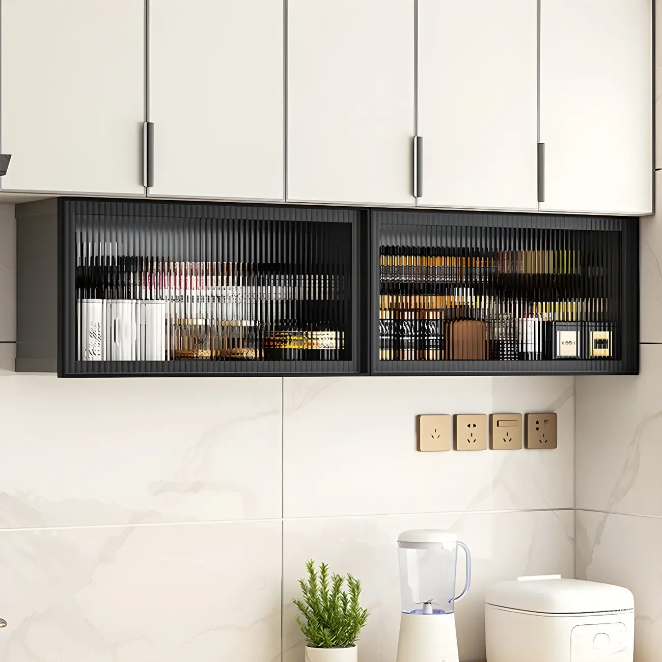 Grey Metal Floating Mounted Glass Kitchen China Cabinet