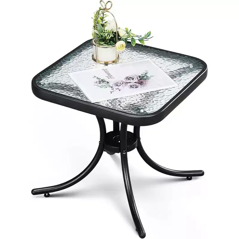 Outdoor Side Table, 18 Patio Table Steel Frame Tempered Glass Top, Weatherproof Small Tables for Balcony Garden Poolside