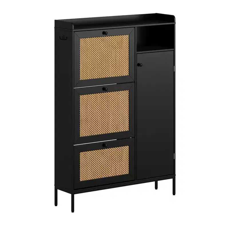 3 Tier Free Standing Shoe Cabinet with Natural Rattan, Shoe Organizer with Adjustable Shelves, Narrow Shoe Rack for Hallway, Black