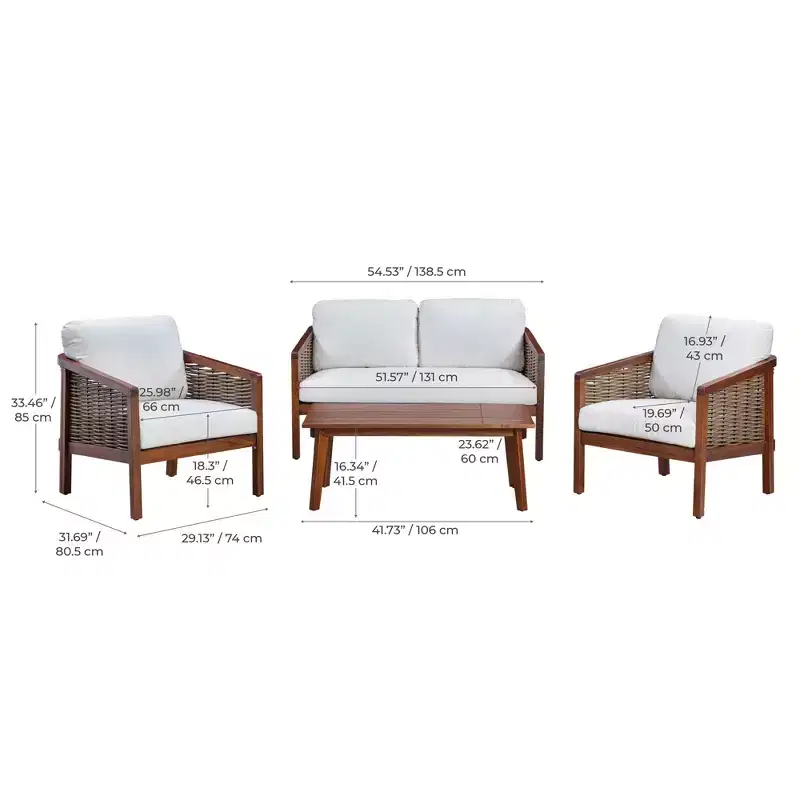 4-Piece Acacia Wood Outdoor Conversation Set in Brown - Teamson Home: Seats with Cushions & Matching Coffee Table