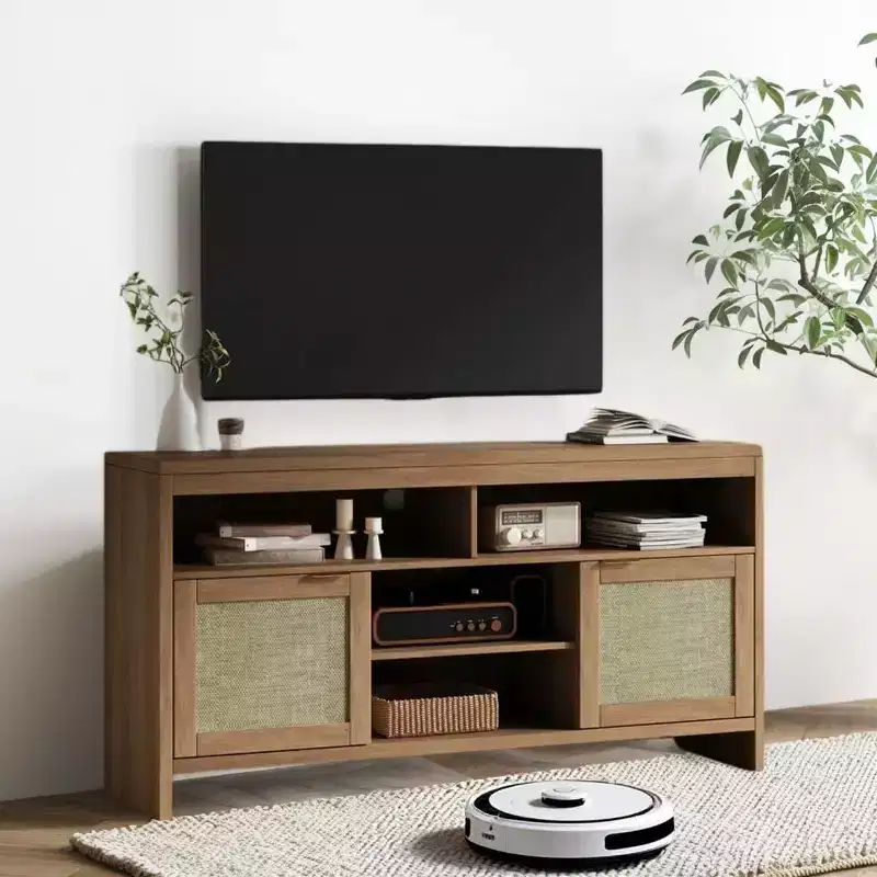 65 Inch Boho TV Stand with Rattan Doors - 58 Modern Wooden Media Console with Adjustable Shelves for Living Room