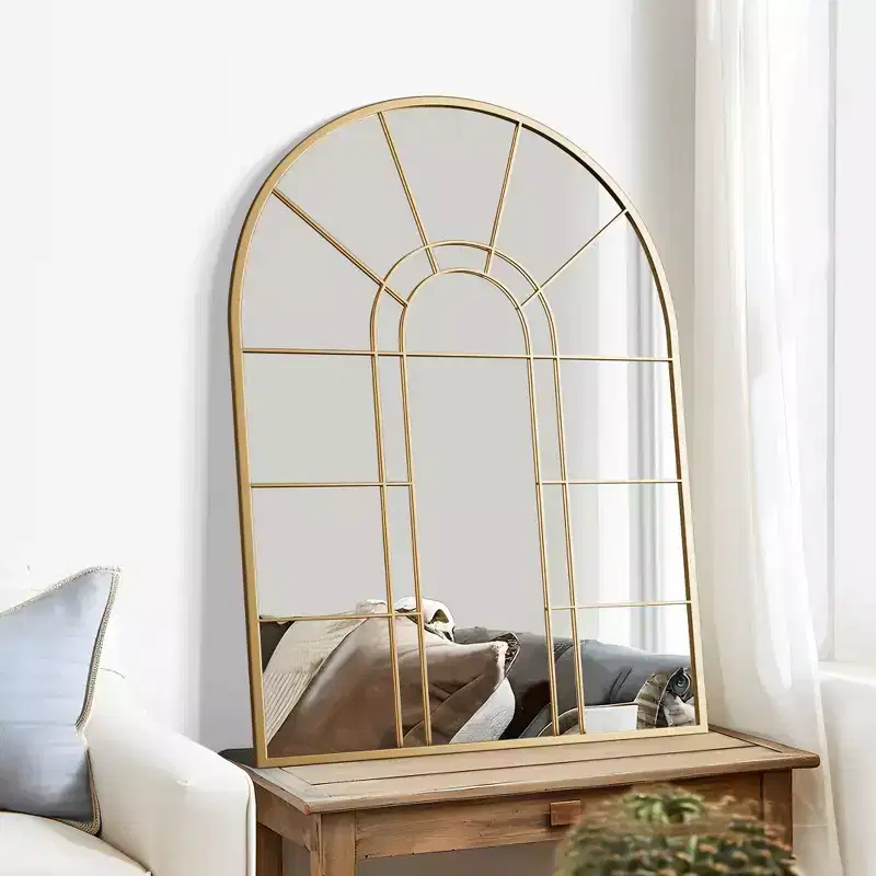 Golden Grid Wall Mirror with Right Angle Double Arch, Iron Art Design