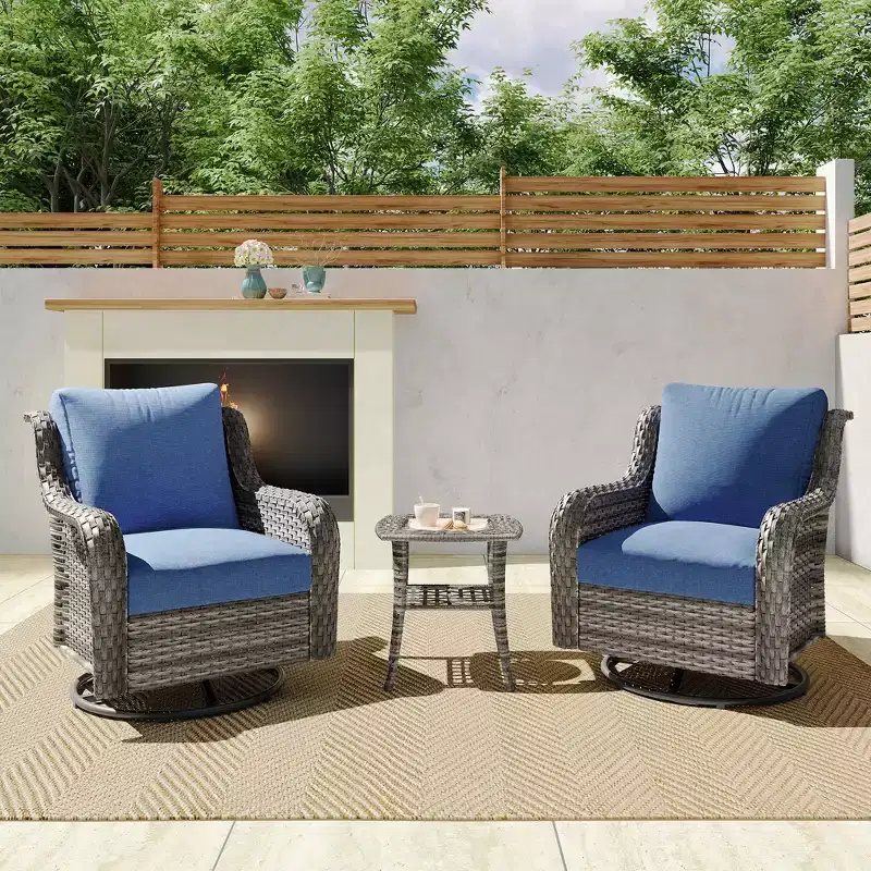GDFStudio Kingsley Modern 3 Piece Wicker and Iron Outdoor Chat Set with Cushion