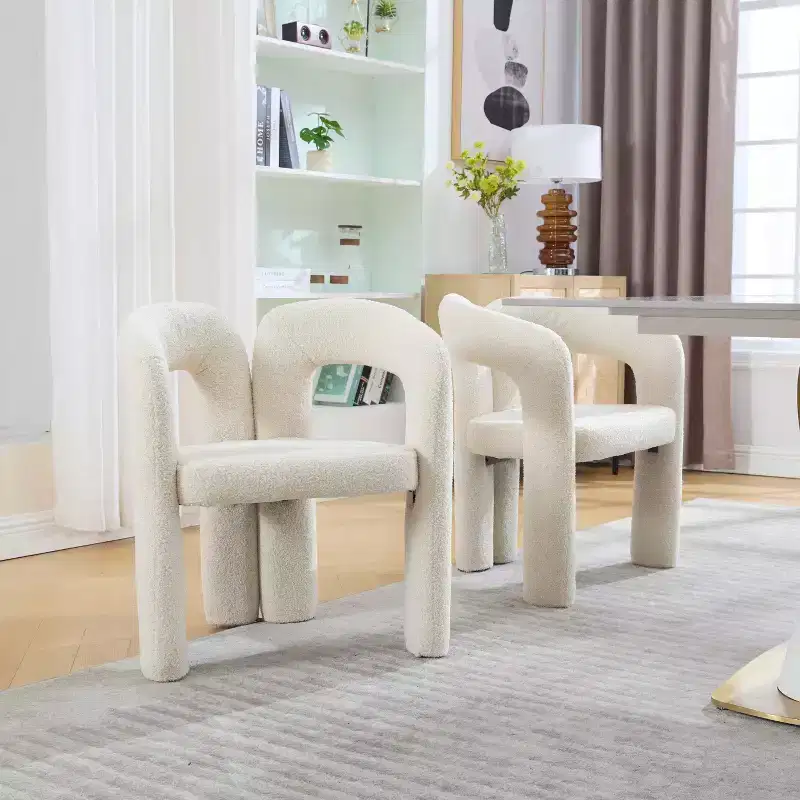 Modern Soft Chenille Accent Chair - Open Back 3-Leg Barrel - Comfy Dining Set of 2 (Beige)