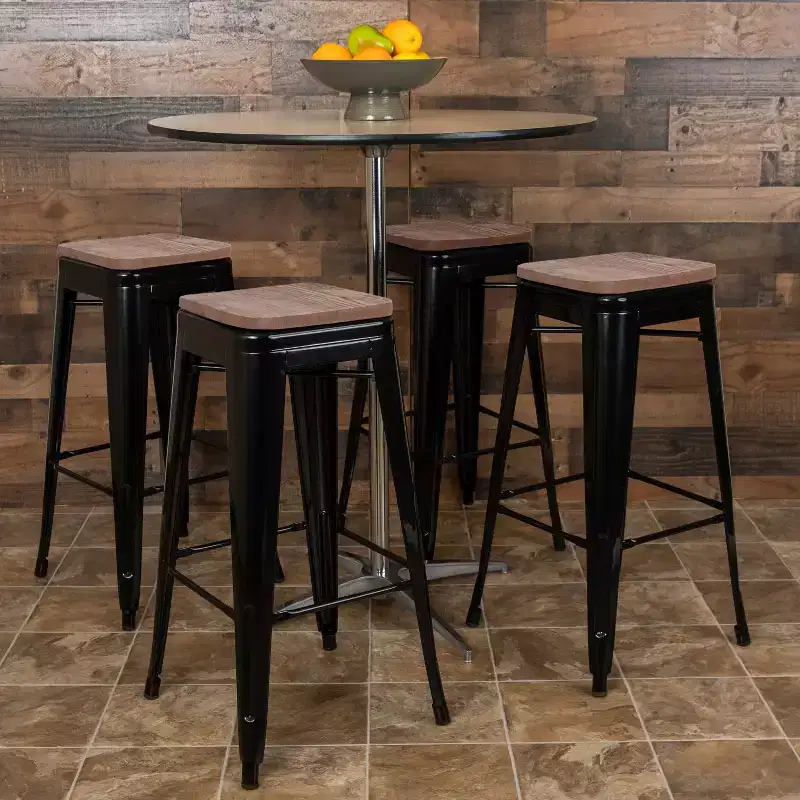 Emma and Oliver 30 High Metal Indoor Bar Stool with Wood Seat - Stackable Set of 4