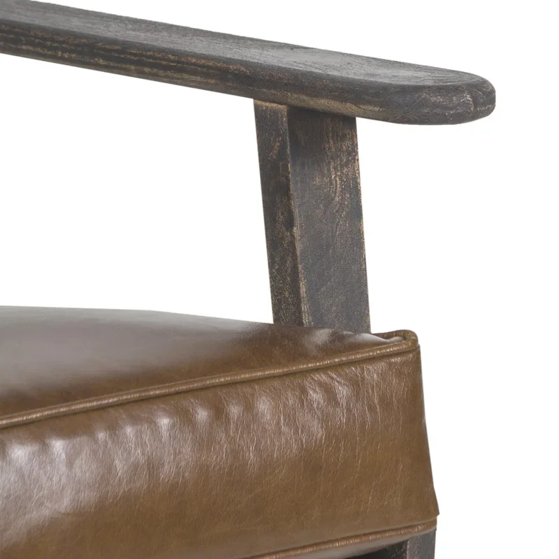 Amber Accent Chair, Handcrafted Slatted Mango Wood, Buffalo Leather Cushions, Angled Legs