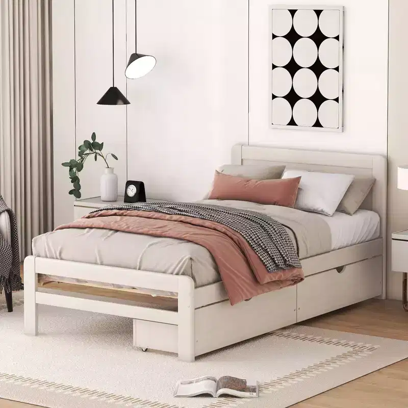 Twin Modern Platform Bed Frame with 2 Storage Drawers, Sturdy Wooden Platform Bed, Noiseless, No Springs Required