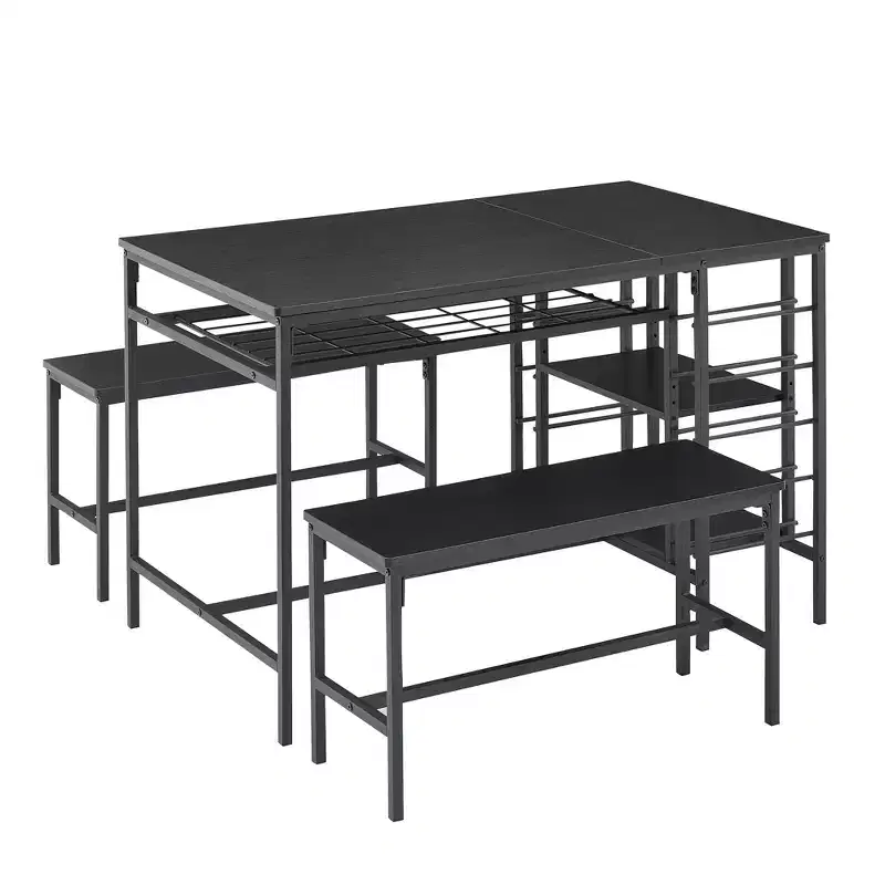 CuisinSmart Dining Table Set for 4 People, Kitchen Table with 2 Benches, Dining Room Table Set with Wine Rack, Brown, Black, Grey