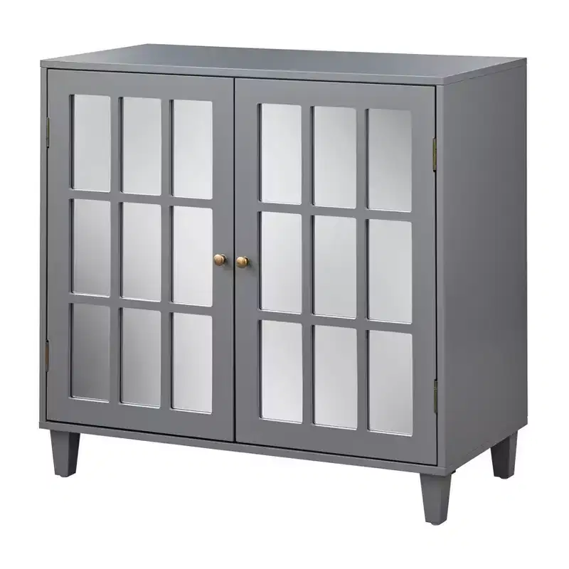 Modern Mirrored Door Cabinet Charcoal Gray - Modern Farmhouse Style, Brass Pulls, Adjustable Shelf