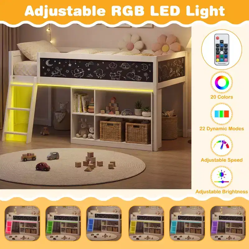 Costway Kids Loft Bed w/LED Lights Chalkboard & Removable Bookcase Safety Guardrail