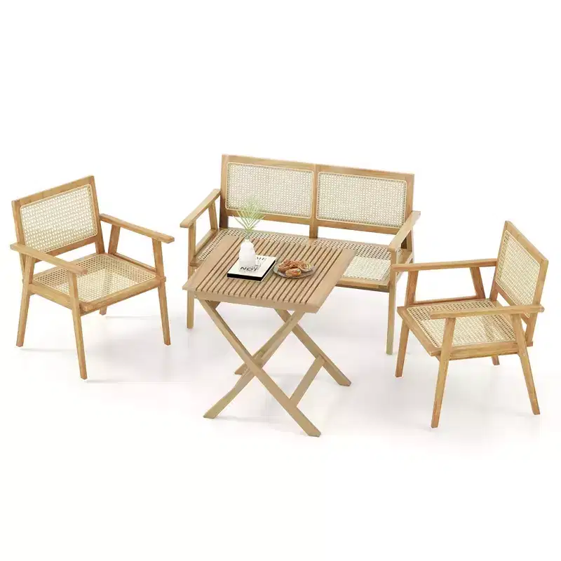 Costway Patio Bistro Table Chair Set with Natural Rattan Seat Indonesia Teak Wood Frame Space Saving