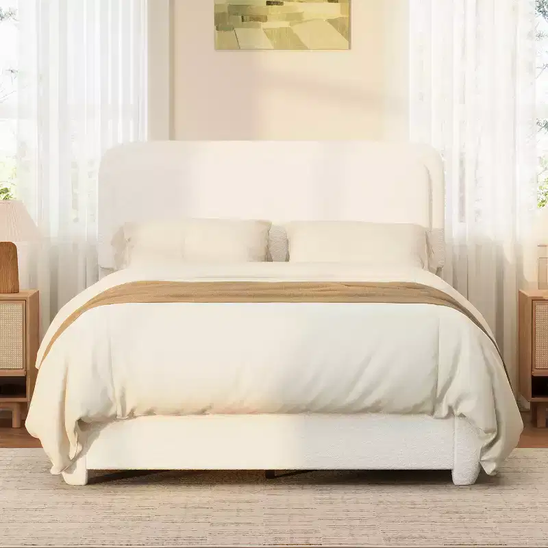 Full/Queen Upholstered Platform Bed Frame with Adjustable Height Headboard, Boucle Low Profile Bed, White