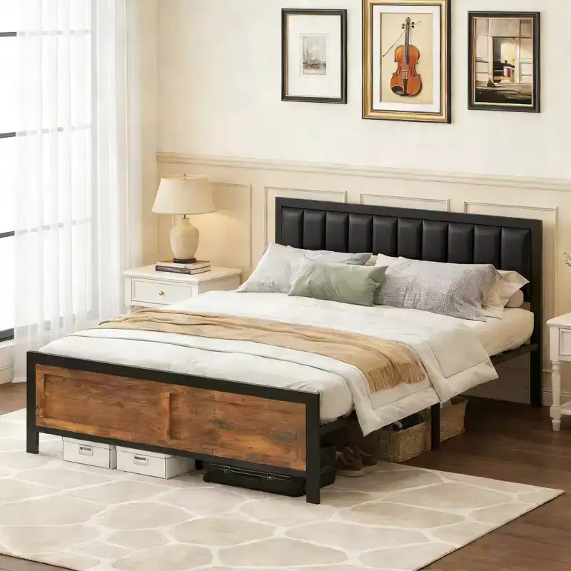 Dyonery Bed Frame with Upholstered Headboard,Metal Bed Frame with Footboard,Noise-Free,No Box Spring Needed,Easy Assembly