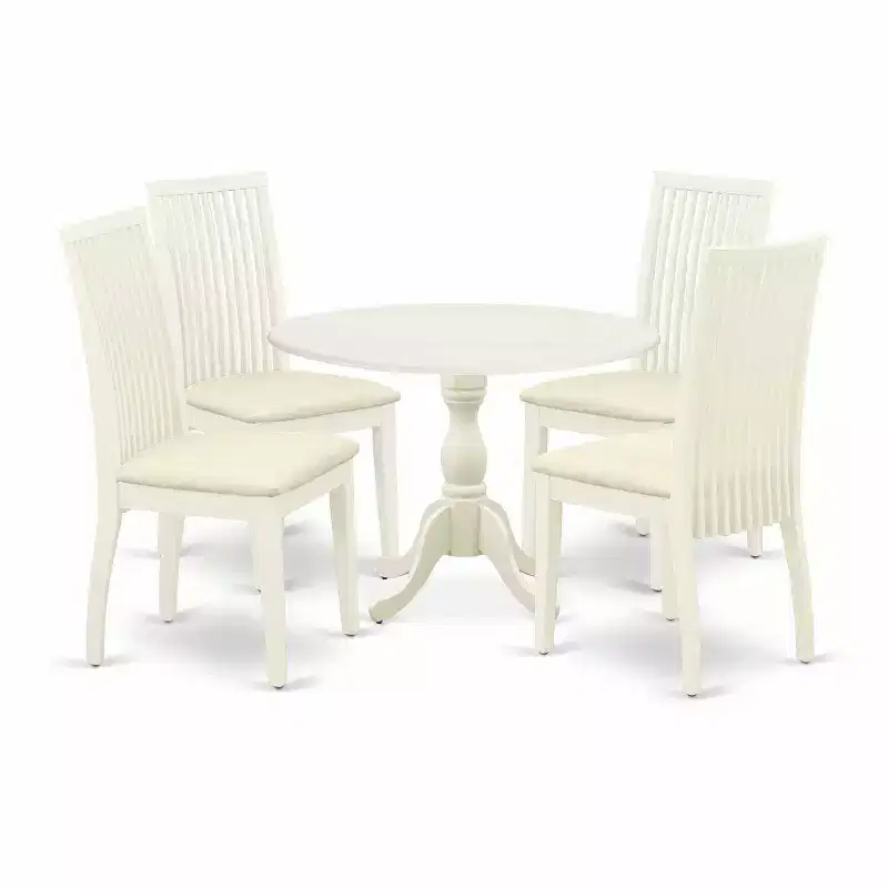 HomeStock 5-Piece Linen White Finish Solid Wood Top Dining table with 4 Chairs with Drop Leaf Slat Back