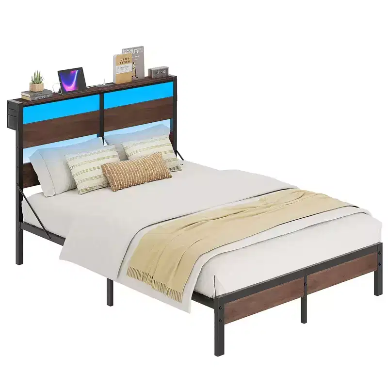 Walnut / Black / Grey Twin Platform Bed Frame with LED Lights & Charging Station, Single