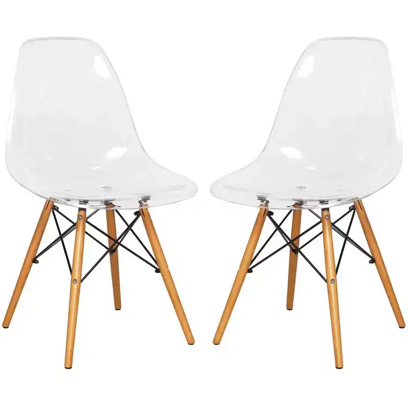 LeisureMod Cresco (Set of 2) Mid-Century Modern Acrylic Dining Chairs with Wooden Dowel Eiffel Legs  Kitchen & Dining Room Chairs