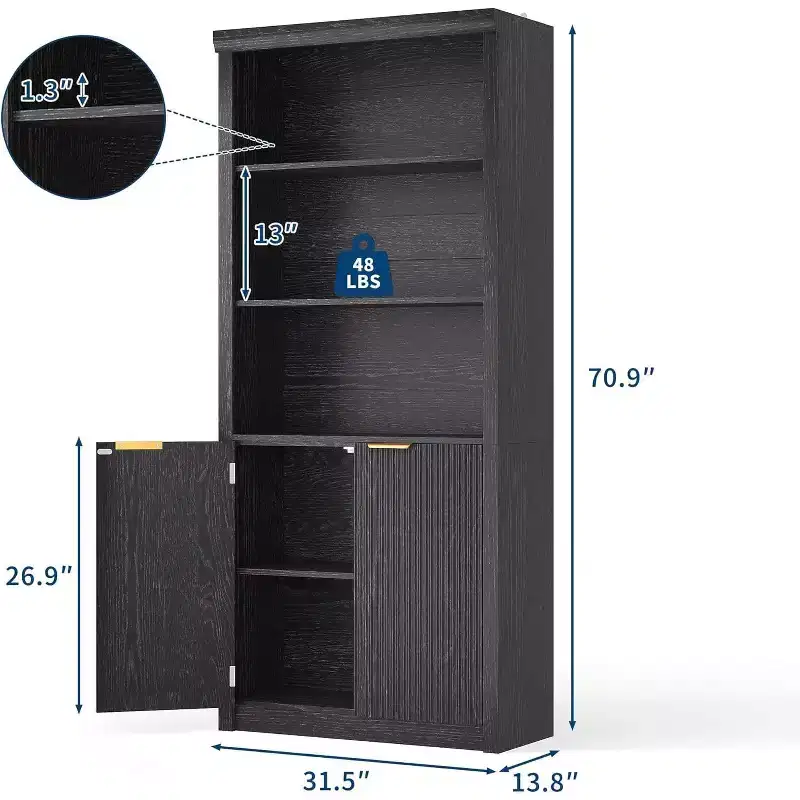 5 Tier Bookcase Display Shelves with Storage Cabinet & Adjustable Shelf, Mid-Century Modern Bookshelves for Home Office, Living Room