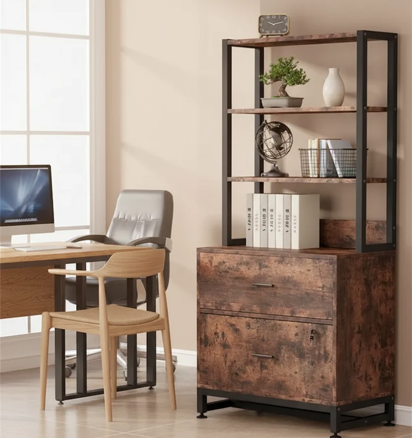 Brown/ Black 4-Tier Tall File Cabinet with Lock, Multi-Functional Shelf Units for Collection,Filing Cabinet Bookshlves