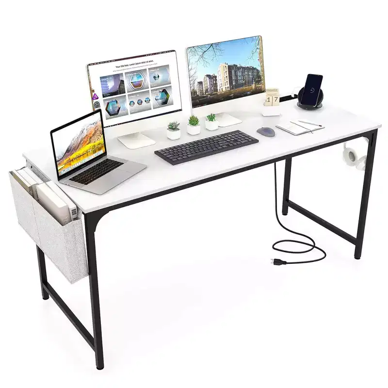 60 Modern Computer Desk with Charging Station with Storage Bag & Headphone Hook White