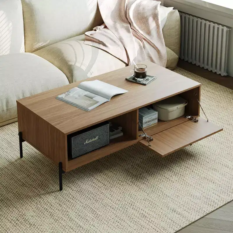 Tree city- 47 Wide Modern Golden Sandalwood Coffee Table with Slatted Door & Open Shelf Storage