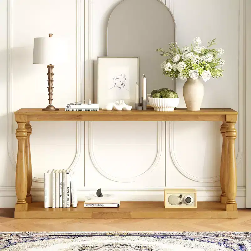 Wood Console Table with Vase Legs and Base Shelf