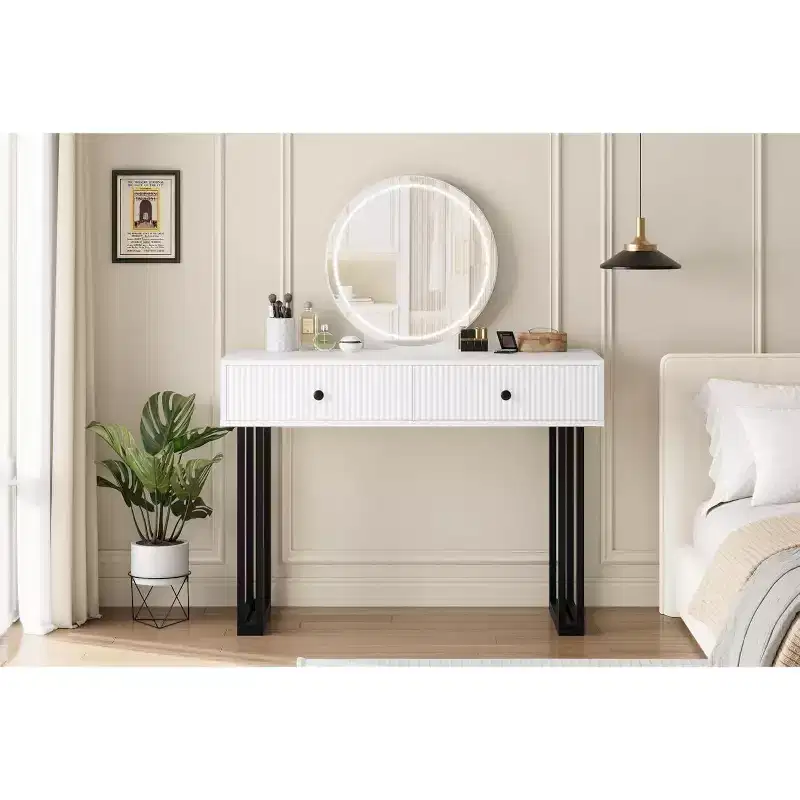 Vanity Makeup Desk with Lighted and Mirror, Adjustable Brightness,Modern Vanity Desk Table with 2 Drawers for Bedroom, Dressing Room