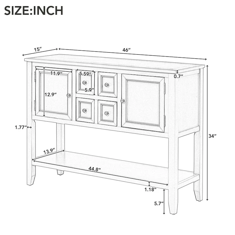White 4-Drawer Buffet Sideboard Console Table with Bottom Shelf